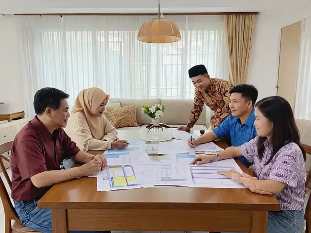 Keluarga berbincang tentang pelan tapak bersama perunding di meja makan