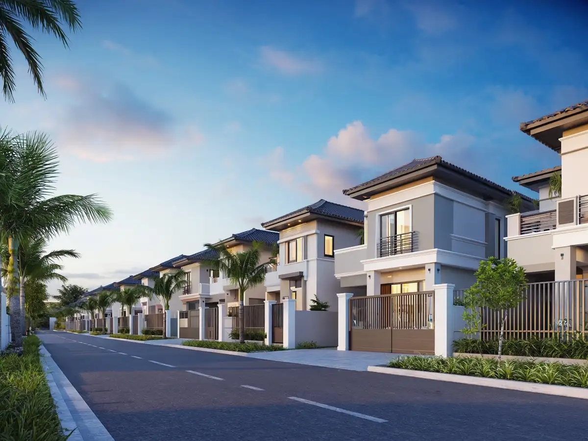 A row of newly completed double-storey terrace houses