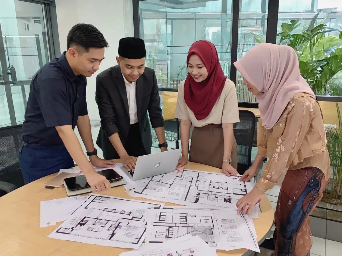 Pasukan pembangunan berbincang tentang pelan tapak di pejabat